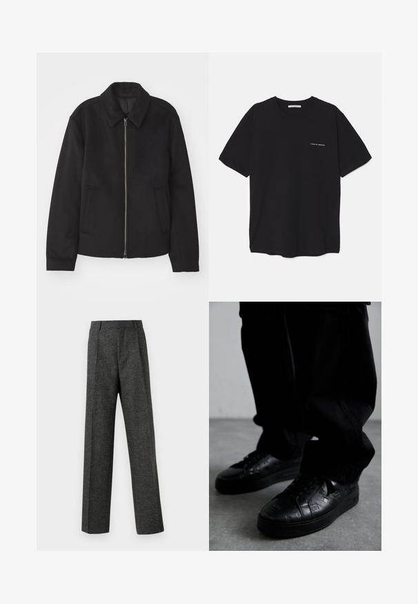 Čierna bunda so zipsom, upravený strih, okrúhly golier a bočné vrecká. Vyrobená z hladkej, textúrovanej látky.; Čierne bavlnené tričko s okrúhlym výstrihom, krátkymi rukávmi a bielou potlačou loga na ľavej hrudi. Jednoduchý, jednoliaty dizajn.; Sivé úzke nohavice z textúrovanej látky, s dvoma prednými skladmi a rovnými nohavicami. Bez viditeľných vreciek alebo ozdôb.; Čierne kožené tenisky s textúrovanými vzormi, vybavené gumovou podrážkou a okrúhlou špičkou. Šnúrky sú čierne a dopĺňajú tmavý dizajn obuvi.