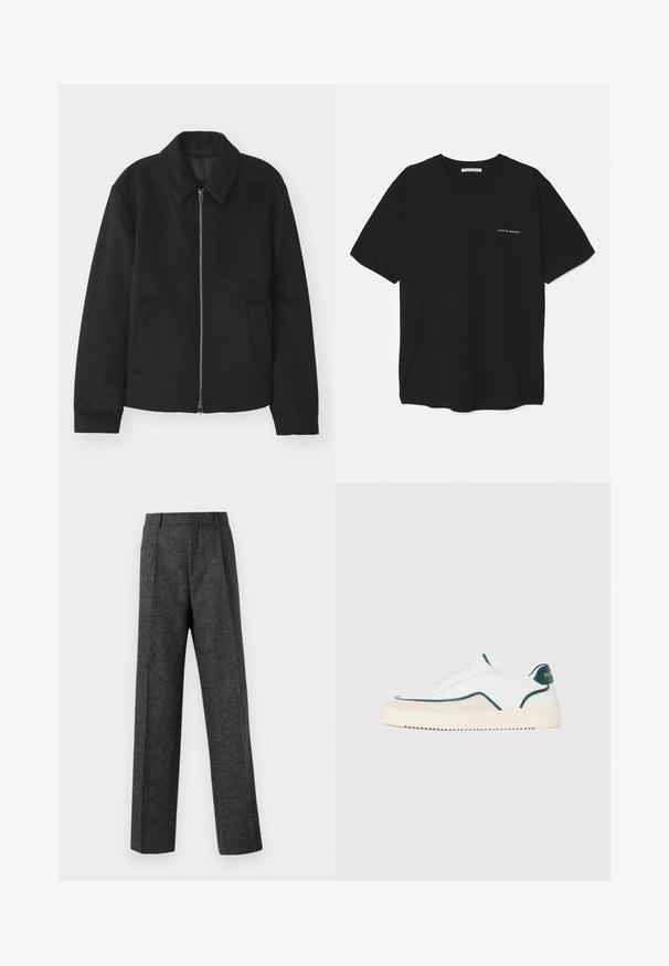 Chaqueta negra con cierre de cremallera, diseño ajustado, cuello redondeado y bolsillos con abertura. Fabricada en un tejido suave y texturizado.; Camiseta de algodón negra con cuello redondo, mangas cortas y un estampado de logo blanco en el lado izquierdo del pecho. Diseño simple y de color sólido.; Pantalones gris ajustados hechos de una tela texturizada, con dos pliegues frontales y un diseño de pierna recta. Sin bolsillos visibles ni adornos.; Zapatilla baja blanca con detalles en verde, gamuza beige y suela de color crema con un fondo estriado.