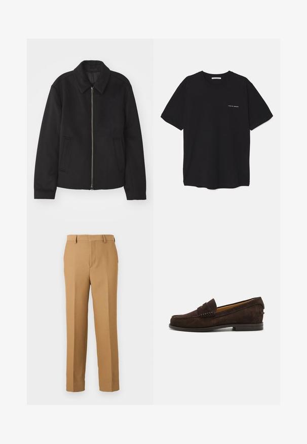 Černá bunda se zipovým uzávěrem, střižená designem, kulatým límcem a kapsami na bocích. Vyrobena z hladké, strukturované tkaniny.; Černé bavlněné tričko s kulatým výstřihem, krátkými rukávy a bílým logem potisknutým na levé straně hrudi. Jednoduchý, jednobarevný design.; Beige kalhoty z tkané látky, s rovnými nohavicemi, plochým předním dílem a poutky na opasek. Hladký povrch bez viditelných vzorů.; Hnědé semišové mokasíny s kulatou špičkou, prošívanými detaily na vampu a nízkým vrstveným podpatkem pro klasický design.