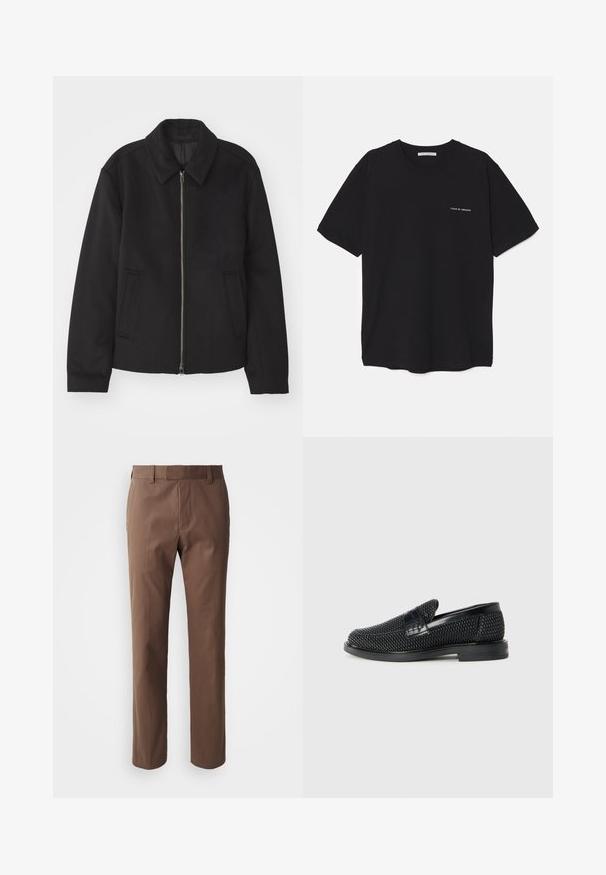 Svart jacka med dragkedjestängning, skräddarsydd design, rund krage och slitsfickor. Tillverkad av ett slätt, strukturerat tyg.; Svart bomull T-shirt med rund hals, korta ärmar och vit logotryck på vänster bröst. Enkel, enfärgad design.; Bruna byxor med skräddarsydd passform, rak framsida och två sidfickor. Tillverkade av ett mjukt tyg med en ren finish och utan synliga mönster.; Svart vävd slip-on sko med en slät läderdetalj på ovansidan, med rund tådesign och en låg gummisula.