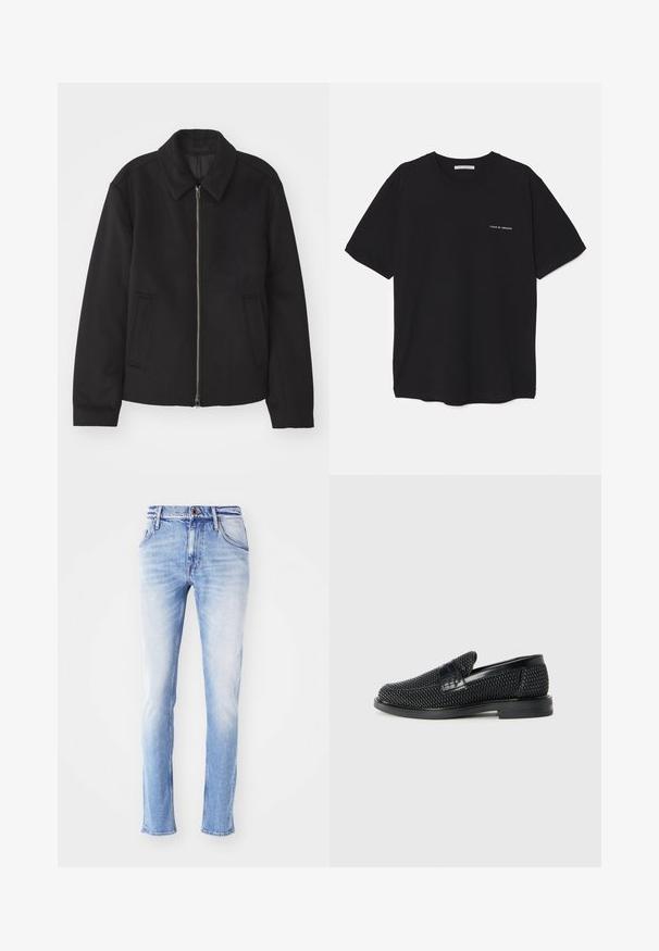 Casaco preto com fecho de correr, design ajustado, colarinho redondo e bolsos com fenda. Feito de um tecido liso e texturizado.; T-shirt preta de algodão com gola redonda, mangas curtas e impressão de logó tipo branca no lado esquerdo do peito. Design simples, de cor sólida.; Jeans de denim azul claro com um acabamento desbotado, corte reto, cinco bolsos, passantes para cinto e fecho de botão único na cintura.; Sandalha preta entrelaçada com um accento de couro liso na parte superior, design de biqueira redonda e sola de borracha de perfil baixo.