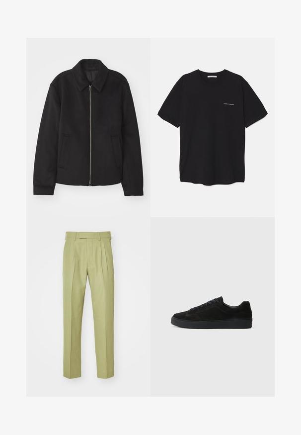 Jachetă neagră cu închidere prin fermoar, design ajustat, guler rotund și buzunare cu fanta. Fabricată dintr-un material neted, texturat.; Tricou din bumbac negru, cu guler rotund, mâneci scurte și un imprimeu alb cu logo pe partea stângă a pieptului. Design simplu, de culoare uniformă.; Pantaloni verzi deschisi, dintr-un material moale, cu talie înaltă, plisuri duble și picioare drepte cu un finisaj îngrijit.; Adidași din suede negru cu o talpă plată, texturată, vârf rotunjit, șase gauri pentru șireturi și un design minimalist.