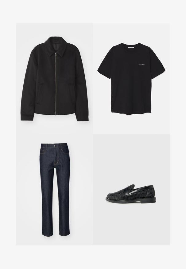 Svart jacka med dragkedjestängning, skräddarsydd design, rund krage och slitsfickor. Tillverkad av ett slätt, strukturerat tyg.; Svart bomull T-shirt med rund hals, korta ärmar och vit logotryck på vänster bröst. Enkel, enfärgad design.; Filippa K SLIM STRAIGHT JEANS - Jeans slim fit - raw blue; Svart vävd slip-on sko med en slät läderdetalj på ovansidan, med rund tådesign och en låg gummisula.