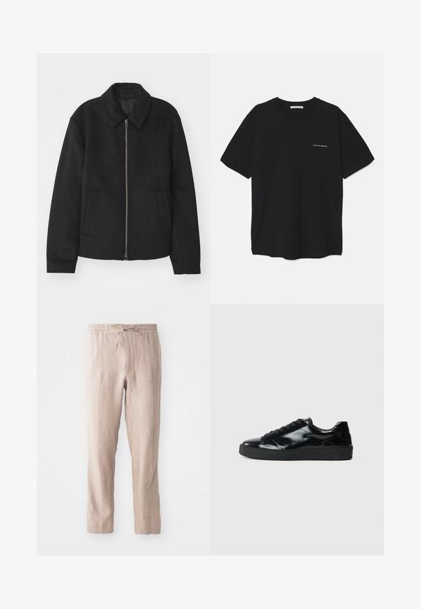 Crna jakna s patentnim zatvaračem, prilagođenog dizajna, zaobljenim kragnom i proreznim džepovima. Izrađena od glatkog, teksturiranog materijala.; Crna pamučna majica s okruglim izrezom, kratkim rukavima i bijelim logotipom otisnutim na lijevoj strani prsnog koša. Jednostavan dizajn u jednoj boji.; Bež lanene hlače s elastičnim pojasom i vezicom. Ravne nogavice, mekane teksture i minimalističkog stila.; Crne patent kožne tenisice s zaobljenim vrhom, vezanjem, teksturiranom gumiranom potplatom i glatkom završnom obradom.