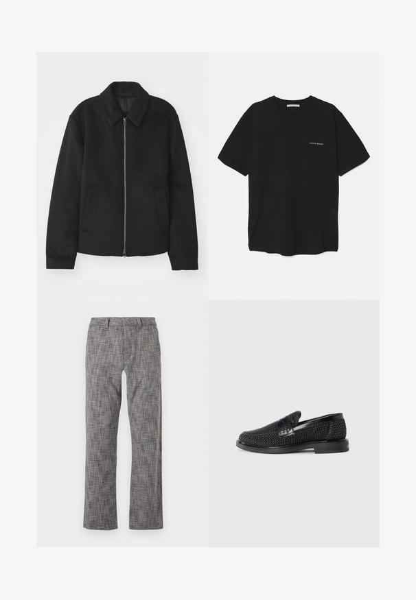 Black jacket with a zip closure, tailored design, a rounded collar, and slit pockets. Made from a smooth, textured fabric.; Black cotton T-shirt with a crew neck, short sleeves, and a white logo print on the left chest. Simple, solid color design.; Gray patterned trousers with a straight-leg design. Made from a textured fabric, featuring a front clasp and side pockets.; Black woven slip-on shoe with a smooth leather accent on the upper, a round toe design, and a low-profile rubber sole.