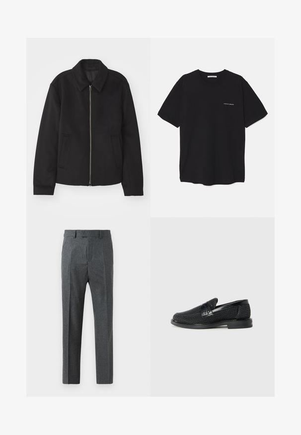 Μαύρο μπουφάν με φερμουάρ, κομψή γραμμή, στρογγυλός γιακάς και τσέπες με άνοιγμα. Κατασκευασμένο από μαλακό, υφασμάτινο υλικό.; Μαύρο βαμβακερό T-shirt με στρογγυλή λαιμόκοψη, κοντά μανίκια και λευκή εκτύπωση λογότυπου στην αριστερή πλευρά του στήθους. Απλός, μονόχρωμος σχεδιασμός.; Γκρι κομμένα παντελόνια με λεπτούς καρώ, ίσια γραμμή και λεία υφή υφάσματος. Διαθέτουν θηλιές ζώνης και φερμουάρ.; Μαύρο πλεκτό παπούτσι slip-on με λείο δερμάτινο στοιχείο στο άνω μέρος, στρογγυλή μύτη και χαμηλό καουτσούκ πάτο.