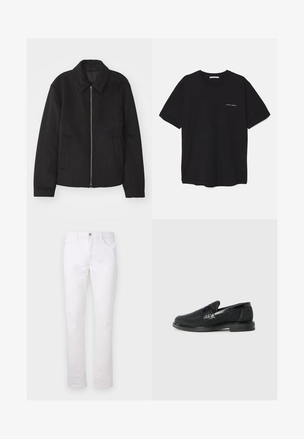 Musta takki vetoketjukiinnityksellä, muotoiltu design, pyöreä kaulus ja viilto-taskut. Valmistettu sileästä, tekstuuripinnoitteisesta kankaasta.; Musta puuvillapaita, jossa on pyöreä kaula-aukko, lyhyet hihat ja valkoinen logopainatus vasemmassa rinnassa. Yksinkertainen, tasavärinen design.; Valkoiset farkut suoralla lahkeella, joissa on kaksi etutaskua, yksi takatasku ja metallinen napitus vyötäröllä.; Musta kudottu liukupohjallinen kenka, jossa on sileä nahkakorostus päällisessä, pyöreä kärki ja matala kumipohja.