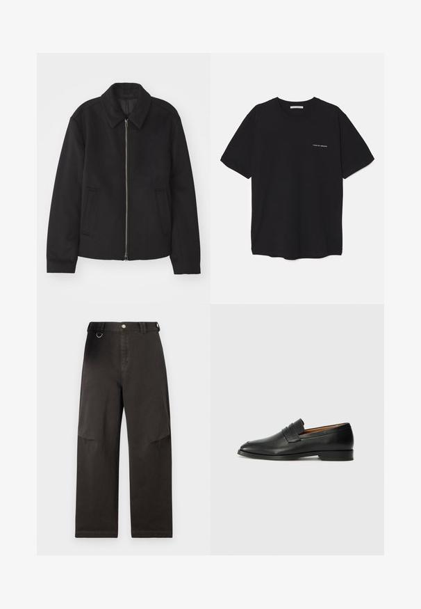 Black jacket with a zip closure, tailored design, a rounded collar, and slit pockets. Made from a smooth, textured fabric.; Black cotton T-shirt with a crew neck, short sleeves, and a white logo print on the left chest. Simple, solid color design.; Black wide-leg pants made of sturdy fabric, featuring a front button closure and side pockets. Includes a metal ring accent on the waistband.; Black leather loafer with a rounded toe, subtle stitched detailing, and a low heel, featuring a smooth texture and minimalist design.