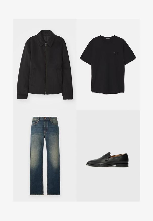 Černá bunda se zipovým uzávěrem, střižená designem, kulatým límcem a kapsami na bocích. Vyrobena z hladké, strukturované tkaniny.; Černé bavlněné tričko s kulatým výstřihem, krátkými rukávy a bílým logem potisknutým na levé straně hrudi. Jednoduchý, jednobarevný design.; Modré džíny rovného střihu s bledým vzhledem, kontrastním šitím, pěti kapsami a tradičním zapínáním na knoflík a zip.; Černé kožené mokasíny s kulatou špičkou, jemným prošíváním a nízkým podpatkem, s hladkým povrchem a minimalistickým designem.