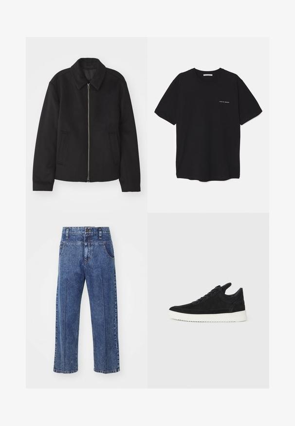 Juodas švarkas su užtrauktuku, pritaikyta forma, apvaliu apykakle ir kišenėmis su plyšiu. Pagamintas iš lygios, tekstūruotos medžiagos.; Juoda medvilninė marškinėlė su apykakle, trumpomis rankovėmis ir baltu logotipu kairėje krūtinės pusėje. Paprastas, vientisas spalvų dizainas.; Mėlynos džinsinės kelnės su laisvu sijonu, tiesiomis kojomis, priekinėmis kišenėmis ir mygtukų užsegimu. Pasižymi minimaliais siuvinėjimo detalėmis.; Juodų suede sportbačių su balta gumine padu, su toniniais siuvinėjimais ir raištelių užsegimu. Sklandus paviršius su šiuolaikine, laiko forma.