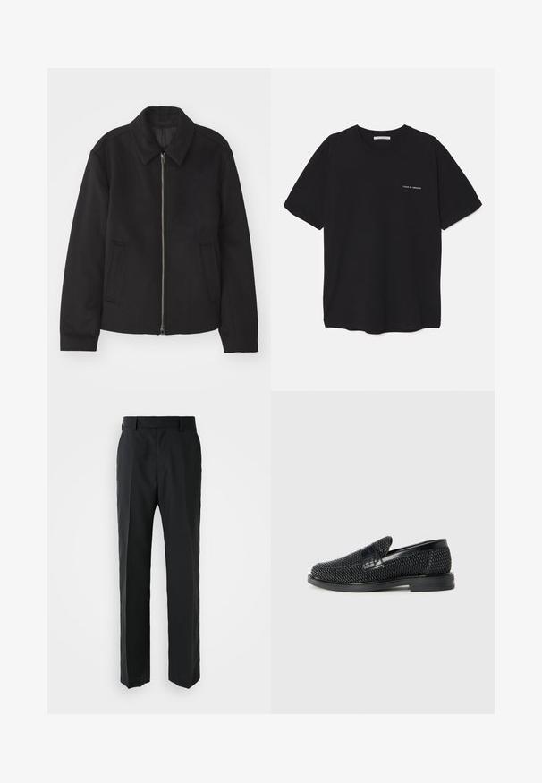 Juodas švarkas su užtrauktuku, pritaikyta forma, apvaliu apykakle ir kišenėmis su plyšiu. Pagamintas iš lygios, tekstūruotos medžiagos.; Juoda medvilninė marškinėlė su apykakle, trumpomis rankovėmis ir baltu logotipu kairėje krūtinės pusėje. Paprastas, vientisas spalvų dizainas.; Juodos kelnės su tiesiomis kojomis, pagamintos iš lygaus audinio. Turi plokščią liemenį ir be matomų raštų ar papuošimų.; Juodas pintas slip-on tipo batelis su lygiu odiniu akcentu viršuje, apvalios nosies dizainas ir žemas guminis padas.