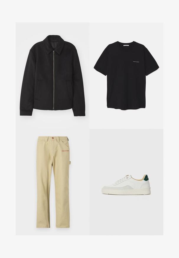 Must mustriga, mis on varustatud lukuga, kohandatud disaini, ümarate kaeluste ja lõhesalongidega taskudega. Valmistatud siledast, tekstuurilisest kangast.; Must musta T-särk, ümar kaelus, lühikesed varrukad ja valge logo trükk vasakul rinnal. Lihtne, ühtlane värvitoon.; Bežid kummist püksid sirge säärega, ees punane logo, ees olevad taskud ja külgloop aksessuaaride jaoks.; Valged tennisjalanõud, millel on sametised aktsendid, ümar varvas, lame nöörid ja kreemjas kummine põhja. Hästi nähtav roheline bränding kannal.