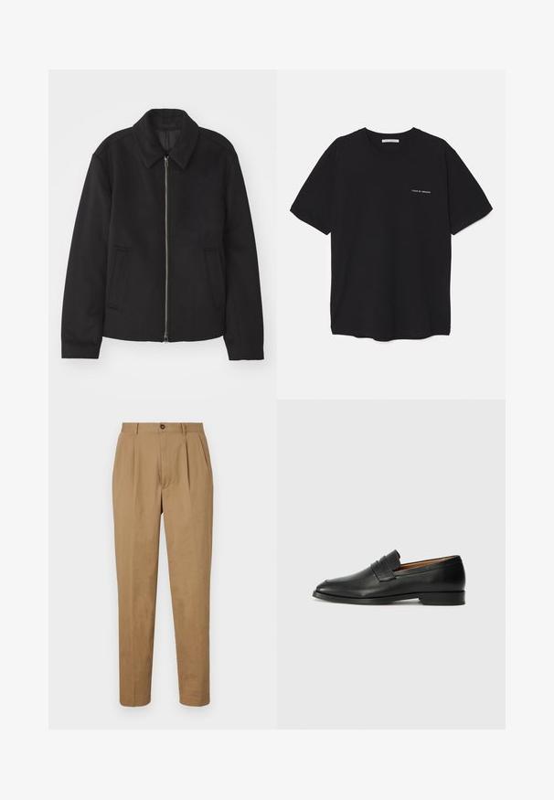 Black jacket with a zip closure, tailored design, a rounded collar, and slit pockets. Made from a smooth, textured fabric.; Black cotton T-shirt with a crew neck, short sleeves, and a white logo print on the left chest. Simple, solid color design.; Tan pleated trousers with a straight cut, made of a smooth fabric. Features a front button closure and side pockets.; Black leather loafer with a rounded toe, subtle stitched detailing, and a low heel, featuring a smooth texture and minimalist design.