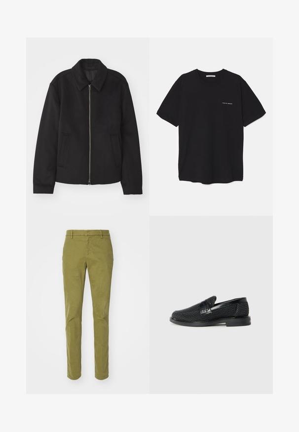 Sort jakke med lynlås, skræddersyet design, rund krave og slidser. Fremstillet af et glat, textureret stof.; Sort bomulds T-shirt med rund hals, korte ærmer og en hvid logo print på venstre bryst. Simpelt, ensfarvet design.; Dondup GAUBERT - Chino - olive; Sort vævet slip-on sko med en glat læderdetalje på overdelen, en rund tådesign og en lavprofil gummisål.