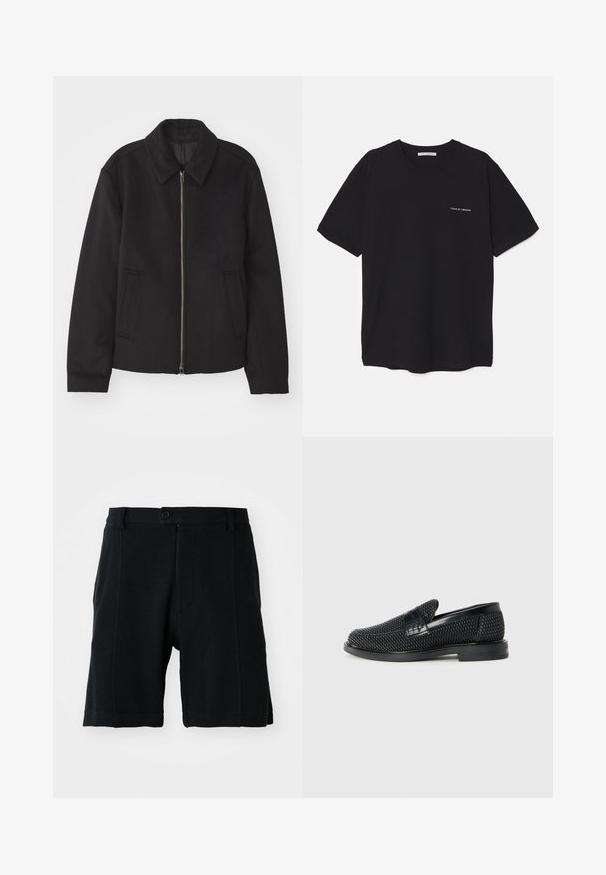 Čierna bunda so zipsom, upravený strih, okrúhly golier a bočné vrecká. Vyrobená z hladkej, textúrovanej látky.; Čierne bavlnené tričko s okrúhlym výstrihom, krátkymi rukávmi a bielou potlačou loga na ľavej hrudi. Jednoduchý, jednoliaty dizajn.; Čierne šortky vyrobené z texturovanej tkaniny, s predným zapínaním na gombík, bočnými vreckami a rovnými nohavicami, s viditeľnými švami.; Čierne tkané slip-on topánky s hladkým koženým akcentom na vrchnej časti, s okrúlym dizajnom špičky a nízkoprofilovou gumovou podrážkou.