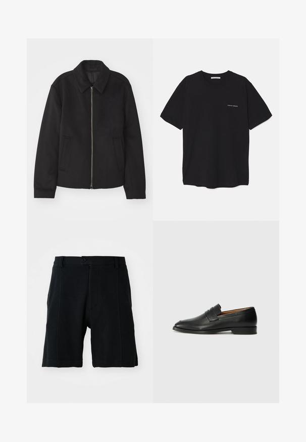 Juodas švarkas su užtrauktuku, pritaikyta forma, apvaliu apykakle ir kišenėmis su plyšiu. Pagamintas iš lygios, tekstūruotos medžiagos.; Juoda medvilninė marškinėlė su apykakle, trumpomis rankovėmis ir baltu logotipu kairėje krūtinės pusėje. Paprastas, vientisas spalvų dizainas.; Juodi šortai pagaminti iš tekstūruoto audinio, su priekiniais mygtukais, šoninėmis kišenėmis ir tiesiu kirpimu, akcentuojant matomas siuvimo detales.; Juodas odinis loaferis su apvaliu nosiu, subtiliomis siuvimo detalėmis ir žemu kulnu, pasižymintis lygia tekstūra ir minimalistiniu dizainu.