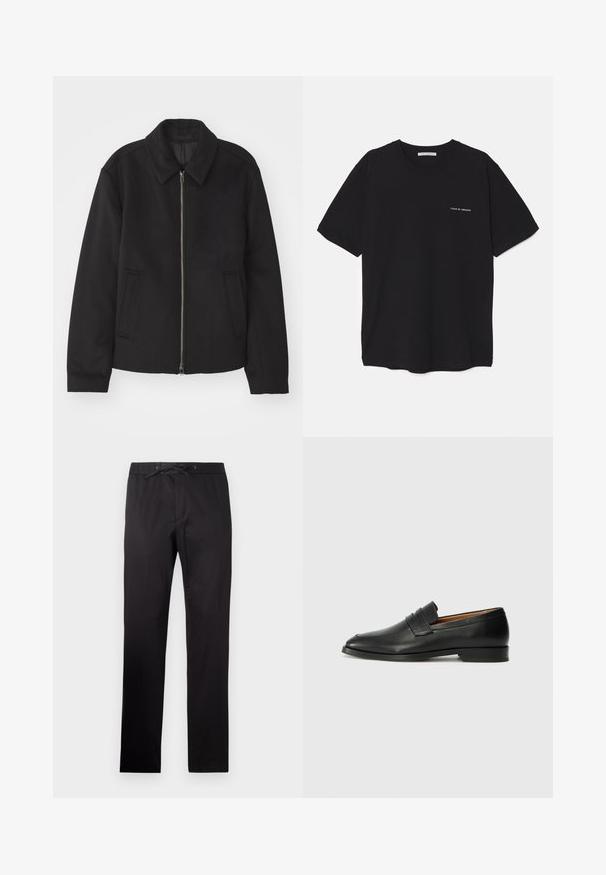 Casaco preto com fecho de correr, design ajustado, colarinho redondo e bolsos com fenda. Feito de um tecido liso e texturizado.; T-shirt preta de algodão com gola redonda, mangas curtas e impressão de logó tipo branca no lado esquerdo do peito. Design simples, de cor sólida.; Calças pretas com um cós elástico e cordão. Apresentam uma textura suave e um design de perna reta. Estilo minimalista sem padrões.; Sapatilha de couro preta com biqueira arredondada, detalhes cosidos discretos e um salto baixo, apresentando uma textura suave e um design minimalista.