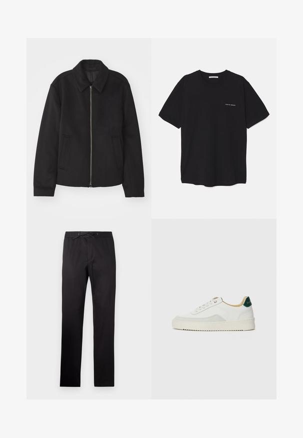 Casaco preto com fecho de correr, design ajustado, colarinho redondo e bolsos com fenda. Feito de um tecido liso e texturizado.; T-shirt preta de algodão com gola redonda, mangas curtas e impressão de logó tipo branca no lado esquerdo do peito. Design simples, de cor sólida.; Calças pretas com um cós elástico e cordão. Apresentam uma textura suave e um design de perna reta. Estilo minimalista sem padrões.; Tênis brancos com detalhes em camurça, bico arredondado, atacadores planos e sola de borracha creme. Apresenta uma marcação verde no calcanhar.