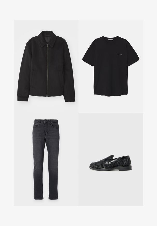 Černá bunda se zipovým uzávěrem, střižená designem, kulatým límcem a kapsami na bocích. Vyrobena z hladké, strukturované tkaniny.; Černé bavlněné tričko s kulatým výstřihem, krátkými rukávy a bílým logem potisknutým na levé straně hrudi. Jednoduchý, jednobarevný design.; Tmavé džínové kalhoty s úzkým střihem, které mají pět kapes, zapínání na knoflík a jemné švy na pasu a lemech.; Černé pletené nazouvací boty s hladkým koženým akcentem na svršku, kulatou špičkou a nízkoprofilovou gumovou podrážkou.
