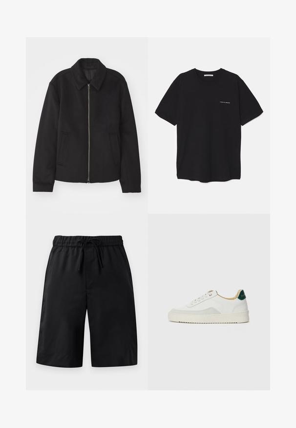Črna jakna z zadrgo, prilagojena zasnova, okrogla ovratnica in žepi z rezi. Narejena iz gladke, teksturirane tkanine.; Črna bombažna majica s kratkimi rokavi in okroglim ovratnikom, z belim logotipom natisnjenim na levi prsni strani. Preprost, enobarven dizajn.; Črne kratke hlače z elastičnim pasom in vrvico. Imajo gladko teksturo in ohlapen kroj. Preprost dizajn brez žepov ali okrasnih elementov.; Bela trenerka z zaključki iz semiša, okroglo konico, ravne vezalke in kremna gumijasta podplata. Ima zeleno blagovno znamko na peti.