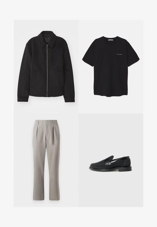 Zwarte jas met ritssluiting, op maat gemaakte ontwerp, ronde kraag en splitzakken. Gemaakt van een gladde, gestructureerde stof.; Zwarte katoenen T-shirt met een ronde hals, korte mouwen en een witte logo-print op de linkerkant van de borst. Eenvoudig, effen kleur ontwerp.; Grijze op maat gemaakte broeken met een gladde textuur, voorzien van voorplooien, riemlussen en rechte pijpen. Het materiaal lijkt gestructureerd en lichtgewicht.; Zwartegeweven instap schoenen met een glad leren accent aan de bovenkant, een ronde neusontwerp en een laag profiel rubberen zool.