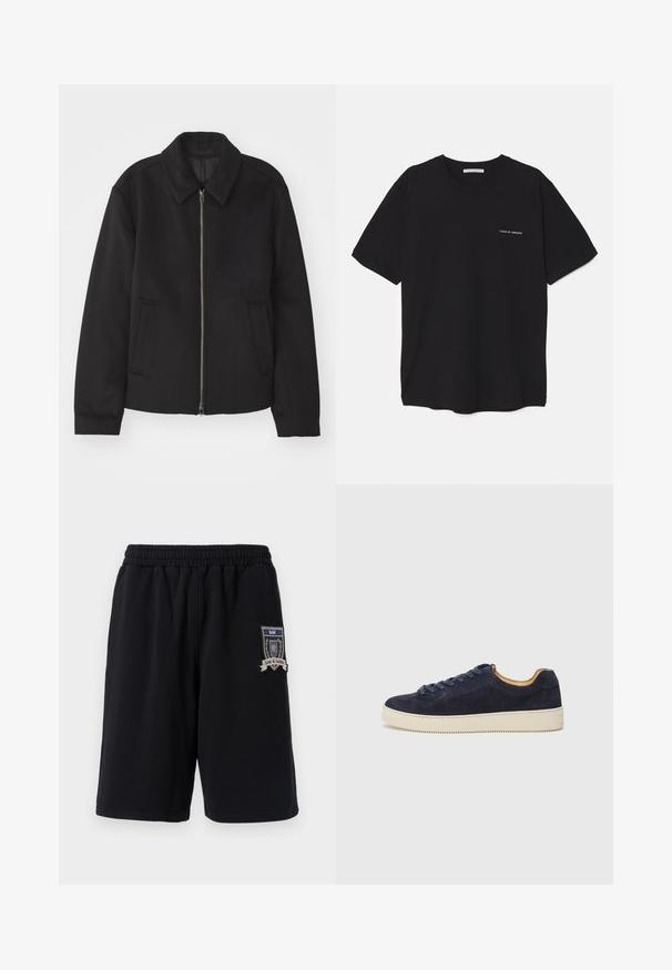 Zwarte jas met ritssluiting, op maat gemaakte ontwerp, ronde kraag en splitzakken. Gemaakt van een gladde, gestructureerde stof.; Zwarte katoenen T-shirt met een ronde hals, korte mouwen en een witte logo-print op de linkerkant van de borst. Eenvoudig, effen kleur ontwerp.; Zwarte katoenen shorts met een elastische tailleband, zijzakken en een decoratieve patch met "Love & Justice" op het linkerbeen.; Marine blauwe suedekleurige low-top sneaker met ronde neus, off-white rubberen zool en bijpassende veters; heeft een contrasterende tan interieur voering.