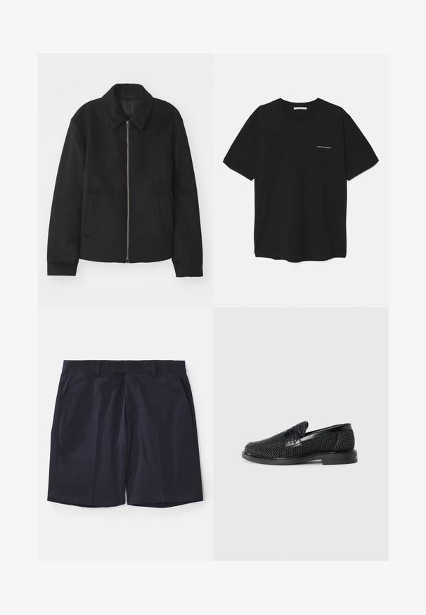 Must mustriga, mis on varustatud lukuga, kohandatud disaini, ümarate kaeluste ja lõhesalongidega taskudega. Valmistatud siledast, tekstuurilisest kangast.; Must musta T-särk, ümar kaelus, lühikesed varrukad ja valge logo trükk vasakul rinnal. Lihtne, ühtlane värvitoon.; Tumed sinised lühikesed püksid sujuvast kangast, millel on lame esiosa, vöörihmade kohad ja küljetaskud; servad on sirged, et saavutada puhas viimistlus.; Must musta kootud slip-on king, millel on pehme nahast accent ülaserval, ümmargune varvas ja madal profiiliga kummitald.