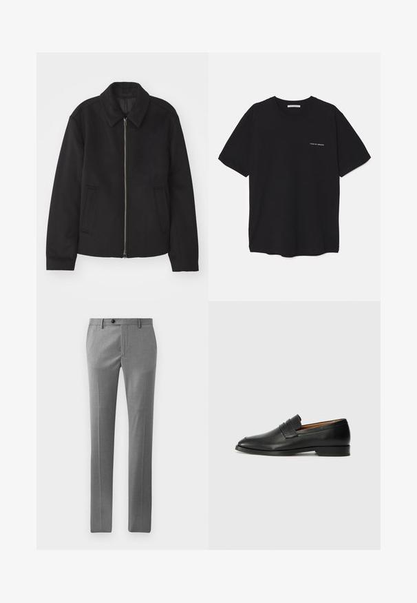 Black jacket with a zip closure, tailored design, a rounded collar, and slit pockets. Made from a smooth, textured fabric.; Black cotton T-shirt with a crew neck, short sleeves, and a white logo print on the left chest. Simple, solid color design.; Light gray tailored trousers made of smooth fabric, featuring a straight cut, front crease, and a single button closure at the waist.; Black leather loafer with a rounded toe, subtle stitched detailing, and a low heel, featuring a smooth texture and minimalist design.