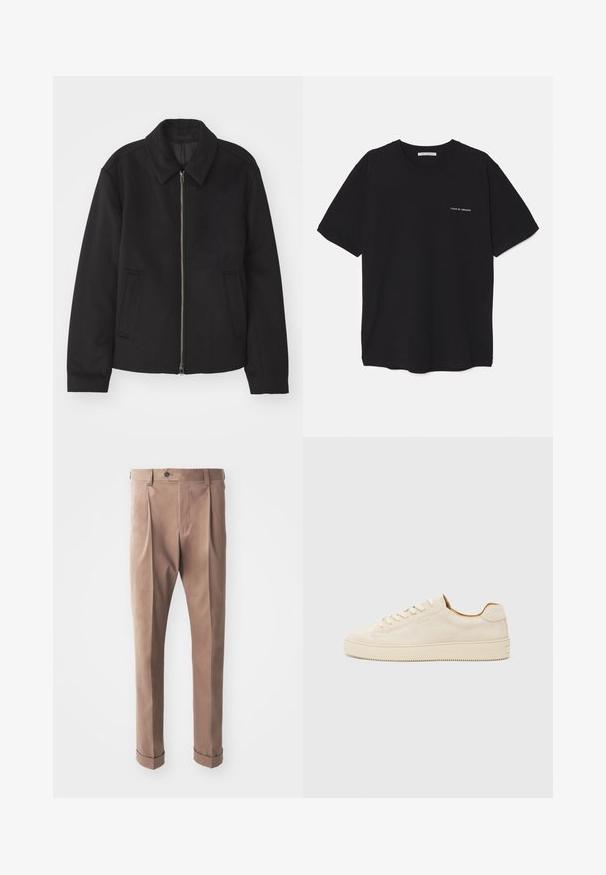Casaco preto com fecho de correr, design ajustado, colarinho redondo e bolsos com fenda. Feito de um tecido liso e texturizado.; T-shirt preta de algodão com gola redonda, mangas curtas e impressão de logó tipo branca no lado esquerdo do peito. Design simples, de cor sólida.; Calças caqui feitas de um tecido texturizado, com cintura alta, pregas e punhos dobrados, apresentando um fecho de botão único na cintura.; Sapatilhas de camurça bege com um design de cano baixo, bico redondo, atacadores planos e uma sola de borracha texturizada. Estilo minimalista sem logótipos visíveis.