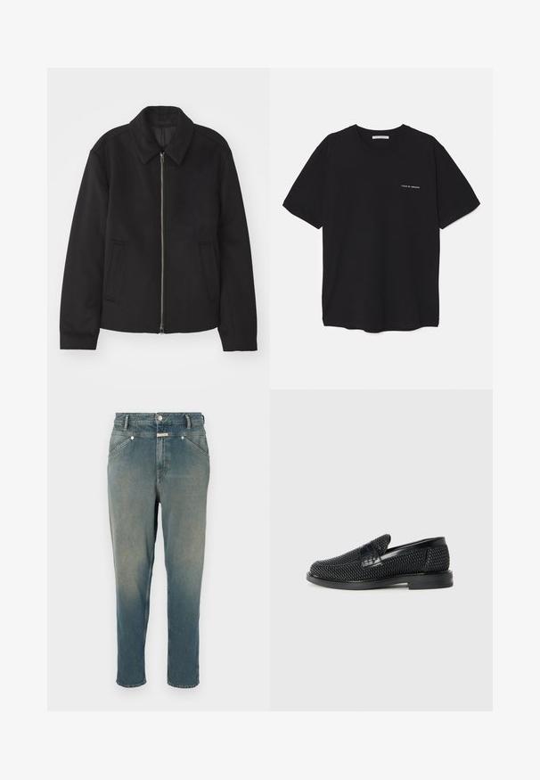 Must mustriga, mis on varustatud lukuga, kohandatud disaini, ümarate kaeluste ja lõhesalongidega taskudega. Valmistatud siledast, tekstuurilisest kangast.; Must musta T-särk, ümar kaelus, lühikesed varrukad ja valge logo trükk vasakul rinnal. Lihtne, ühtlane värvitoon.; Faded sinine teksariie, sirge istuvus ja kõrge vöökohaga. Omab vöörihmasid, viit taskut ja metallist nuppudega sulgemist. Kergelt kulunud tekstuur.; Must musta kootud slip-on king, millel on pehme nahast accent ülaserval, ümmargune varvas ja madal profiiliga kummitald.