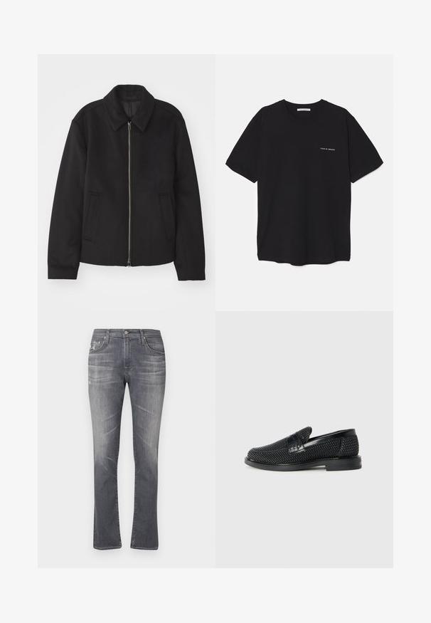 Fekete dzseki cipzárral, testreszabott dizájnnal, kerek nyakkal és zsebekkel. Sima, texturált anyagból készült.; Fekete pamut T-shirt kerek nyakkivágással, rövid ujjakkal, és fehér logónyomattal a bal mellrészen. Egyszerű, egyszínű dizájn.; Szürke farmernadrág, egyenes szabással, diszkrét elhalványulásokkal és klasszikus öt zsebes kialakítással. Gombbal záródik.; Fekete szőtt slip-on cipő sima bőr díszítéssel a felsőrészen, kerek orral és alacsony profilos gumitalppal.