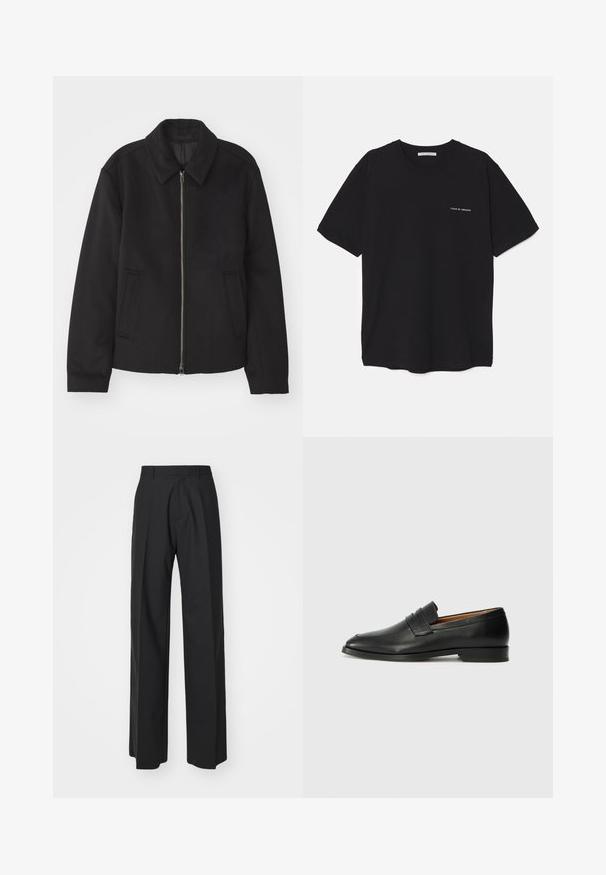 Black jacket with a zip closure, tailored design, a rounded collar, and slit pockets. Made from a smooth, textured fabric.; Black cotton T-shirt with a crew neck, short sleeves, and a white logo print on the left chest. Simple, solid color design.; DSQUARED2 ICON ICON PANT - Trousers - black; Black leather loafer with a rounded toe, subtle stitched detailing, and a low heel, featuring a smooth texture and minimalist design.