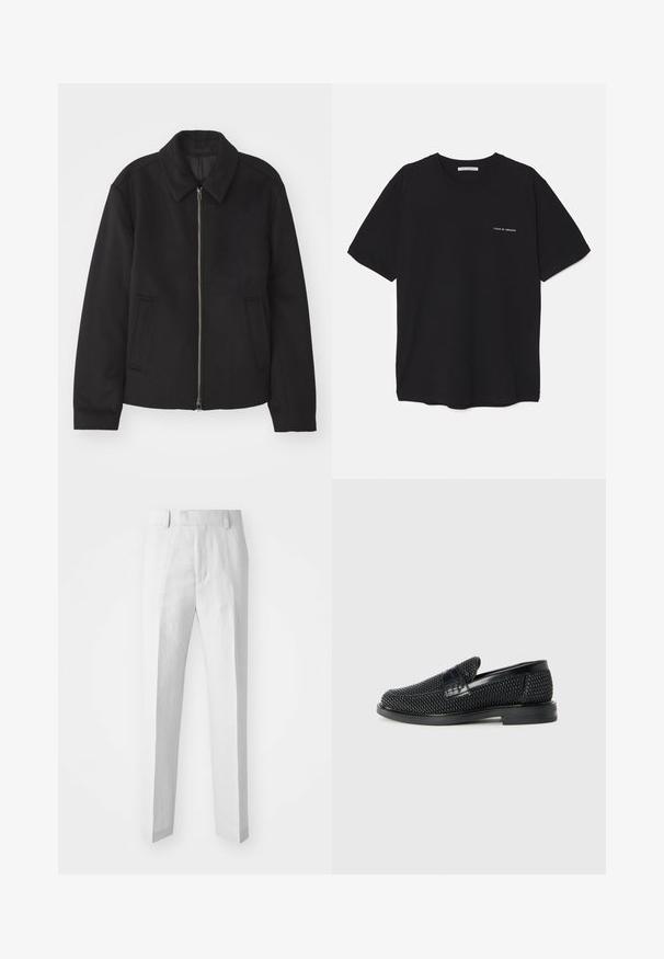 Černá bunda se zipovým uzávěrem, střižená designem, kulatým límcem a kapsami na bocích. Vyrobena z hladké, strukturované tkaniny.; Černé bavlněné tričko s kulatým výstřihem, krátkými rukávy a bílým logem potisknutým na levé straně hrudi. Jednoduchý, jednobarevný design.; Světle šedé kalhoty na míru vyrobené z kombinace lnu; mají rovný střih, plochý přední díl a poutka na opasek. Minimalistický design, žádné viditelné ozdoby.; Černé pletené nazouvací boty s hladkým koženým akcentem na svršku, kulatou špičkou a nízkoprofilovou gumovou podrážkou.