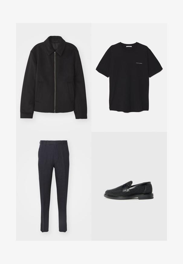 Juodas švarkas su užtrauktuku, pritaikyta forma, apvaliu apykakle ir kišenėmis su plyšiu. Pagamintas iš lygios, tekstūruotos medžiagos.; Juoda medvilninė marškinėlė su apykakle, trumpomis rankovėmis ir baltu logotipu kairėje krūtinės pusėje. Paprastas, vientisas spalvų dizainas.; Jūriniai šortai, pagaminti iš lengvos medžiagos, su tiesiu kirpimu, plokščiu priekiu, diržo kilpomis ir dviem šoninėmis kišenėmis. Maloni tekstūra.; Juodas pintas slip-on tipo batelis su lygiu odiniu akcentu viršuje, apvalios nosies dizainas ir žemas guminis padas.