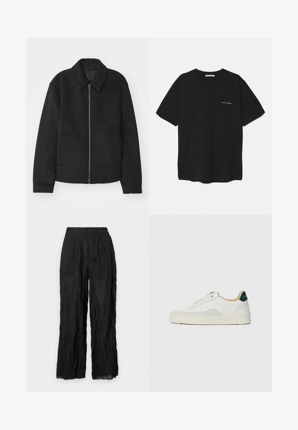 Black jacket with a zip closure, tailored design, a rounded collar, and slit pockets. Made from a smooth, textured fabric.; Black cotton T-shirt with a crew neck, short sleeves, and a white logo print on the left chest. Simple, solid color design.; Black linen wide-leg trousers with a textured finish. Features an elastic waistband and subtle pleating.; White sneaker with suede accents, rounded toe, flat laces, and a cream rubber sole. Features green branding on the heel.