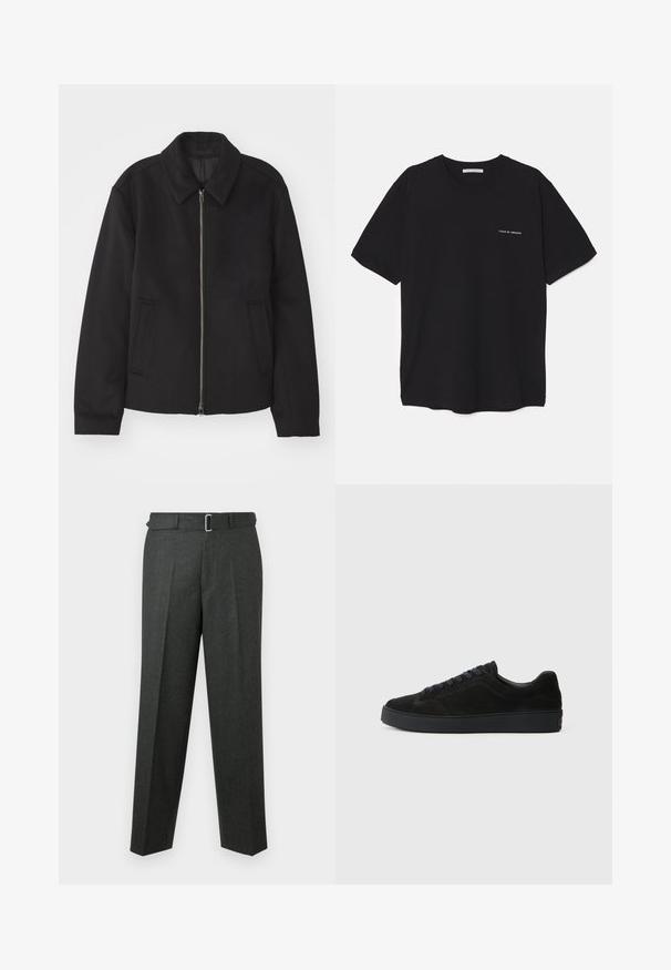 Jachetă neagră cu închidere prin fermoar, design ajustat, guler rotund și buzunare cu fanta. Fabricată dintr-un material neted, texturat.; Tricou din bumbac negru, cu guler rotund, mâneci scurte și un imprimeu alb cu logo pe partea stângă a pieptului. Design simplu, de culoare uniformă.; Pantaloni tailored de culoare gri închis, cu față plată, design plisat și o curea ajustată cu cataramă argintie. Textură netedă și picioare drepte.; Adidași din suede negru cu o talpă plată, texturată, vârf rotunjit, șase gauri pentru șireturi și un design minimalist.