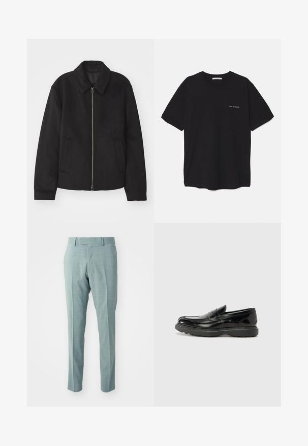 Svart jacka med dragkedjestängning, skräddarsydd design, rund krage och slitsfickor. Tillverkad av ett slätt, strukturerat tyg.; Svart bomull T-shirt med rund hals, korta ärmar och vit logotryck på vänster bröst. Enkel, enfärgad design.; Ljusblå skräddarsydda byxor med en slät yta, smal passform och pressveck framtill. Har en platt front och bälteshål. Inga synliga fickor.; Svart läderloaferskor med en glänsande yta, rund tå, diskreta söm detaljer och en tjock gummisula för hållbarhet.