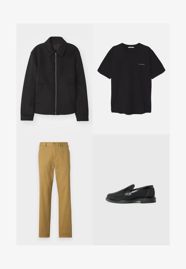 Jachetă neagră cu închidere prin fermoar, design ajustat, guler rotund și buzunare cu fanta. Fabricată dintr-un material neted, texturat.; Tricou din bumbac negru, cu guler rotund, mâneci scurte și un imprimeu alb cu logo pe partea stângă a pieptului. Design simplu, de culoare uniformă.; Pantaloni din bumbac bej, cu croi drept, buzunare frontale și închidere cu nasture. Textură netedă și design minimalist, fără modele vizibile.; Pantofii negri din material textil, cu accent din piele netedă pe partea superioară, design cu vârf rotund și talpă din cauciuc de profil redus.