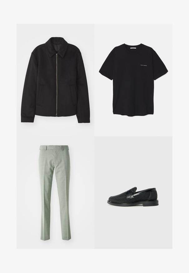 Juodas švarkas su užtrauktuku, pritaikyta forma, apvaliu apykakle ir kišenėmis su plyšiu. Pagamintas iš lygios, tekstūruotos medžiagos.; Juoda medvilninė marškinėlė su apykakle, trumpomis rankovėmis ir baltu logotipu kairėje krūtinės pusėje. Paprastas, vientisas spalvų dizainas.; Šviesiai žali pritaikyti kelnių, turinčių lygų paviršių, tiesią kojos kirpimo formą ir standartinę juosmens juostą su dirželių kilpomis, tinkami oficialiam dėvėjimui.; Juodas pintas slip-on tipo batelis su lygiu odiniu akcentu viršuje, apvalios nosies dizainas ir žemas guminis padas.