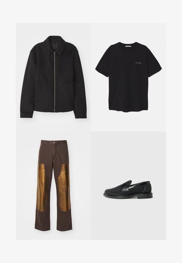 Black jacket with a zip closure, tailored design, a rounded collar, and slit pockets. Made from a smooth, textured fabric.; Black cotton T-shirt with a crew neck, short sleeves, and a white logo print on the left chest. Simple, solid color design.; Brown trousers featuring large gold metallic patches on the front. Straight-leg design with a button closure and standard pockets.; Black woven slip-on shoe with a smooth leather accent on the upper, a round toe design, and a low-profile rubber sole.