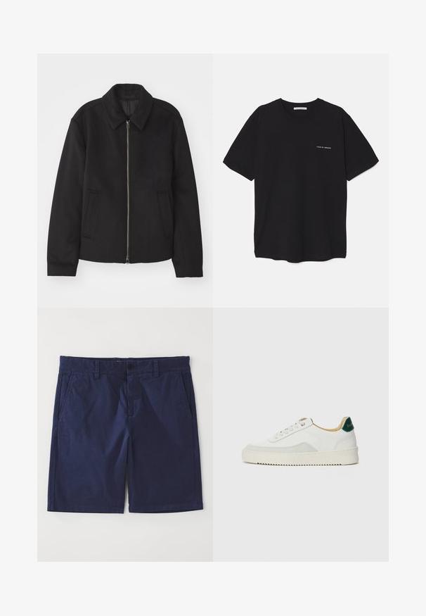 Casaco preto com fecho de correr, design ajustado, colarinho redondo e bolsos com fenda. Feito de um tecido liso e texturizado.; T-shirt preta de algodão com gola redonda, mangas curtas e impressão de logó tipo branca no lado esquerdo do peito. Design simples, de cor sólida.; Calções de algodão azul-marinho com corte reto, apresentando passantes para cinto, fecho de botão frontal e dois bolsos laterais. Textura suave.; Tênis brancos com detalhes em camurça, bico arredondado, atacadores planos e sola de borracha creme. Apresenta uma marcação verde no calcanhar.