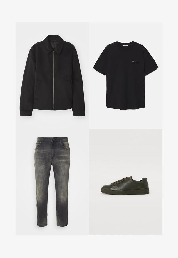 Černá bunda se zipovým uzávěrem, střižená designem, kulatým límcem a kapsami na bocích. Vyrobena z hladké, strukturované tkaniny.; Černé bavlněné tričko s kulatým výstřihem, krátkými rukávy a bílým logem potisknutým na levé straně hrudi. Jednoduchý, jednobarevný design.; Tmavě šedé džíny s vybledlým povrchem, rovným střihem, pěti kapsami a předním zapínáním na knoflík. Bavlněný denim, měkká textura.; Tmavě zelené kožené tenisky s hnědými tkaničkami, kulatou špičkou a texturovanou gumovou podrážkou. Hladký povrch s minimem švů.