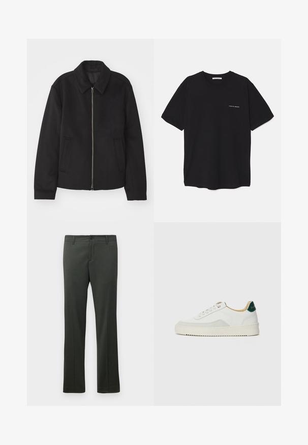 Casaco preto com fecho de correr, design ajustado, colarinho redondo e bolsos com fenda. Feito de um tecido liso e texturizado.; T-shirt preta de algodão com gola redonda, mangas curtas e impressão de logó tipo branca no lado esquerdo do peito. Design simples, de cor sólida.; Calças formais verde-escuras com passantes para cinto, fecho frontal por botão e corte reto.; Tênis brancos com detalhes em camurça, bico arredondado, atacadores planos e sola de borracha creme. Apresenta uma marcação verde no calcanhar.