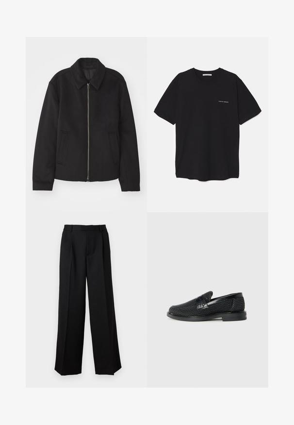 Czarna kurtka z zamkiem błyskawicznym, dopasowany krój, okrągły kołnierz i kieszenie cięte. Wykonana z gładkiego, teksturowanego materiału.; Czarny bawełniany T-shirt z okrągłym dekoltem, krótkimi rękawami i białym nadrukiem logo na lewej piersi. Prosty, jednolity kolor.; Paul & Joe - Spodnie materiałowe; Czarny, pleciony but wsuwany z gładkim skórzanym akcentem na cholewce, o okrągłym nosku i niskoprofilowej gumowej podeszwie.