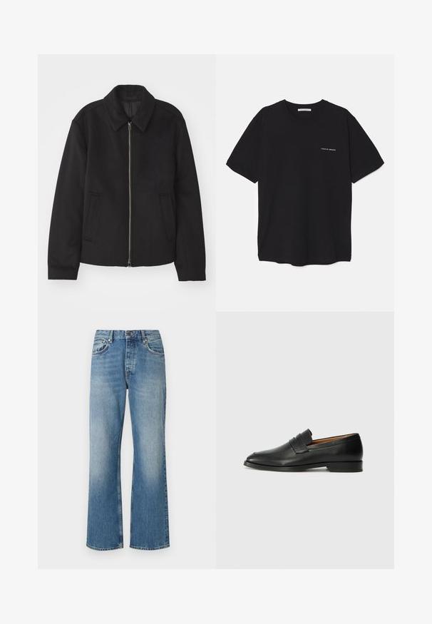 Must mustriga, mis on varustatud lukuga, kohandatud disaini, ümarate kaeluste ja lõhesalongidega taskudega. Valmistatud siledast, tekstuurilisest kangast.; Must musta T-särk, ümar kaelus, lühikesed varrukad ja valge logo trükk vasakul rinnal. Lihtne, ühtlane värvitoon.; Heledad sinine teksas, millel on lai jalgade disain, sirge lõige, viis taskut ja nööbilukuga pingutus. Kogu teksapinna peal on pleekinud tekstuur.; Must musta loafers ümarate varvastega, peene tikandiga ja madala kontsaga, millel on sile tekstuur ja minimalistlik disain.