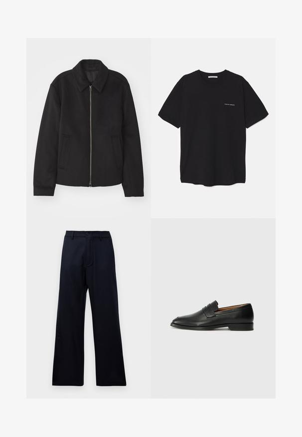 Melnā jaka ar rāvējslēdzēju, piegrieztas formas dizains, noapaļots apkakle un šķēluma kabatas. Izgatavota no gludas, teksturētas auduma.; Melnas kokvilnas T-krekls ar apaļu kaklu, īsām piedurknēm un baltu logotipa uzdruku kreisajā krūtī. Vienkāršs, vienkrāsains dizains.; Melni augsto vidukļa plati iešūti bikses ar jostas cilpiņām, priekšējo pogu un rāvējslēdzēju uz vienkārša balta fona.; Melnas ādas loafers ar noapaļotu purngala formu, smalku izšuvumu un zemu papēdi, piedāvājot gludu tekstūru un minimālistisku dizainu.