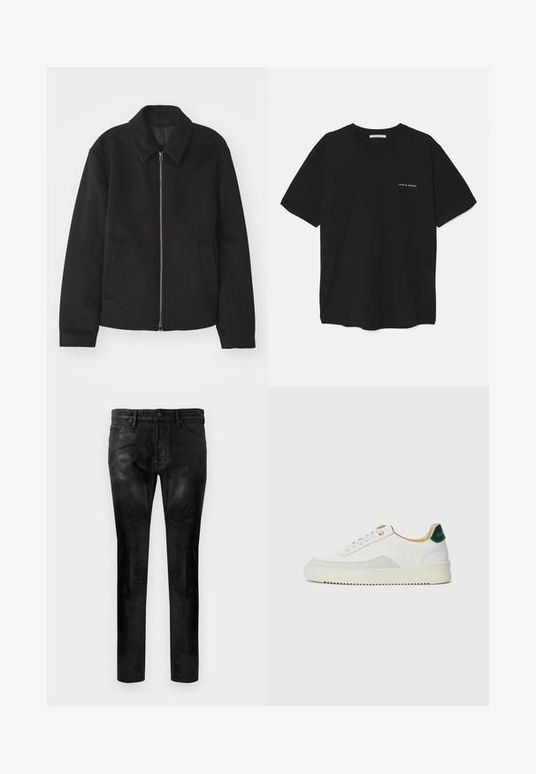 Crna jakna s patentnim zatvaračem, prilagođenog dizajna, zaobljenim kragnom i proreznim džepovima. Izrađena od glatkog, teksturiranog materijala.; Crna pamučna majica s okruglim izrezom, kratkim rukavima i bijelim logotipom otisnutim na lijevoj strani prsnog koša. Jednostavan dizajn u jednoj boji.; Crne uske hlače s glatkom, sjajnom teksturom, s prednjim džepovima, zatvaranjem na jedan gumb i suptilnim detaljima šivanja.; Bijele tenisice s akcentima od antilopa, zaobljenim vrhom, ravnim vezicama i krem gumenim potplatom. Imaju zelenu oznaku na peti.