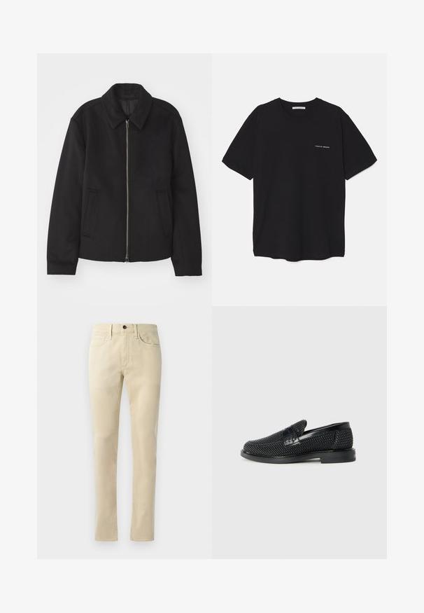 Čierna bunda so zipsom, upravený strih, okrúhly golier a bočné vrecká. Vyrobená z hladkej, textúrovanej látky.; Čierne bavlnené tričko s okrúhlym výstrihom, krátkymi rukávmi a bielou potlačou loga na ľavej hrudi. Jednoduchý, jednoliaty dizajn.; Bežové nohavice rovného strihu vyrobené z bavlnenej zmesi. Obsahujú dizajn s piatimi vreckami, pútka na opasok a čierne zapínanie na gombík v páse.; Čierne tkané slip-on topánky s hladkým koženým akcentom na vrchnej časti, s okrúlym dizajnom špičky a nízkoprofilovou gumovou podrážkou.