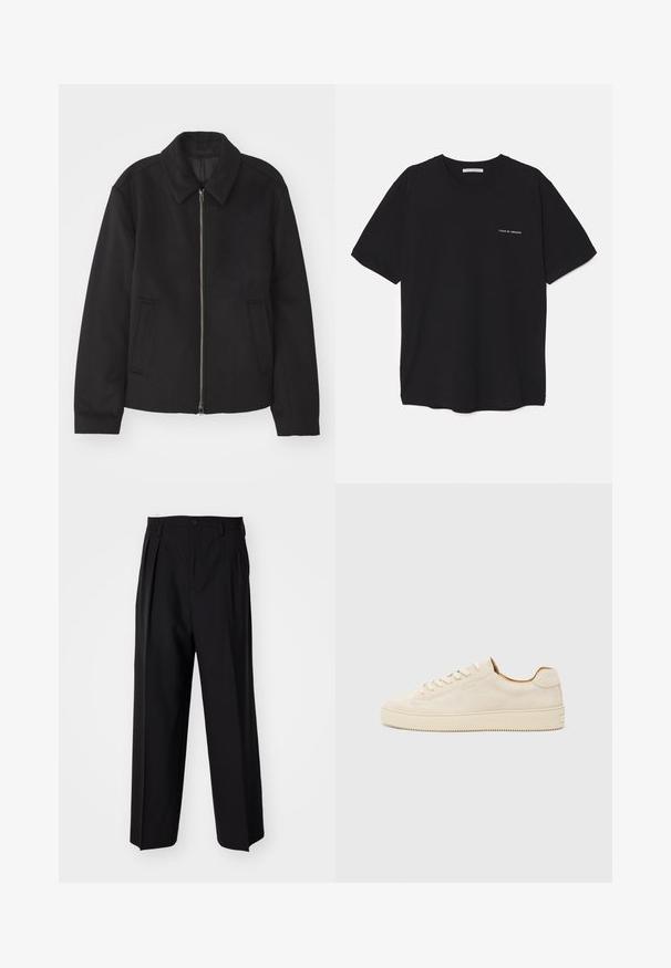 Casaco preto com fecho de correr, design ajustado, colarinho redondo e bolsos com fenda. Feito de um tecido liso e texturizado.; T-shirt preta de algodão com gola redonda, mangas curtas e impressão de logó tipo branca no lado esquerdo do peito. Design simples, de cor sólida.; Calças pretas plissadas com um design reto e de perna larga. Feitas de um tecido liso, apresentam um fecho de botão e passantes para cinto.; Sapatilhas de camurça bege com um design de cano baixo, bico redondo, atacadores planos e uma sola de borracha texturizada. Estilo minimalista sem logótipos visíveis.