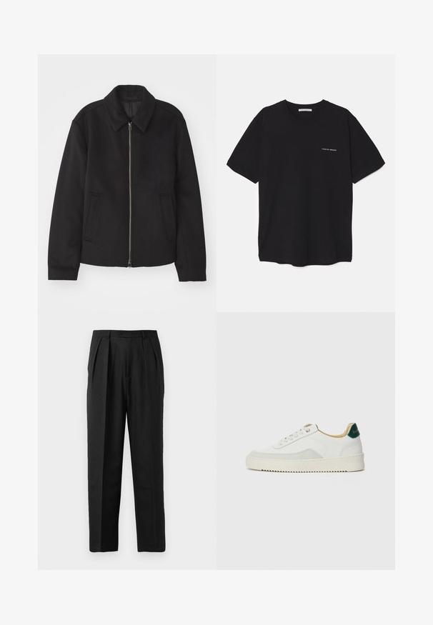 Zwarte jas met ritssluiting, op maat gemaakte ontwerp, ronde kraag en splitzakken. Gemaakt van een gladde, gestructureerde stof.; Zwarte katoenen T-shirt met een ronde hals, korte mouwen en een witte logo-print op de linkerkant van de borst. Eenvoudig, effen kleur ontwerp.; Zwarte geplooide broeken met een op maat gemaakte ontwerp, vervaardigd uit een gladde stof, met een knoopsluiting en een recht gesneden pijp.; Witte sneaker met suède accenten, ronde neus, platte veters en een crème rubberen zool. Bevat groene branding op de hiel.